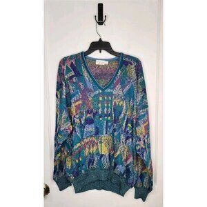 Vintage St Croix Mens Abstract Cotton Blend V-Neck Sweater Colorful Large USA